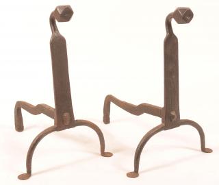 Appraisal: Pair of th Century Wrought Iron Andirons Faceted Finials and