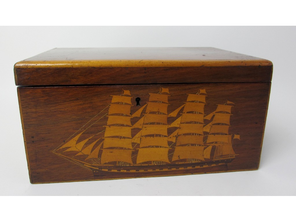 Appraisal: A mahogany and inlaid ship box the hinged cover enclosing