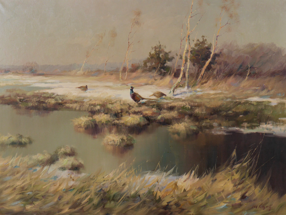 Appraisal: EUROPEAN OIL PAINTING WITH PHEASANTS BY ICY STREAM Oil Canvas