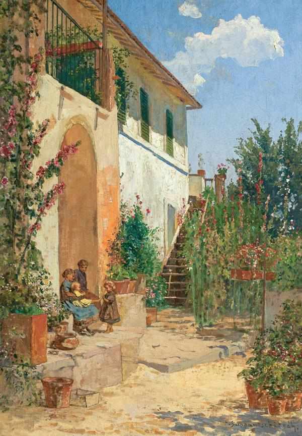 Appraisal: MAX SUPPANTSCHITSCH Austrian - Family in a Villa Garden oil