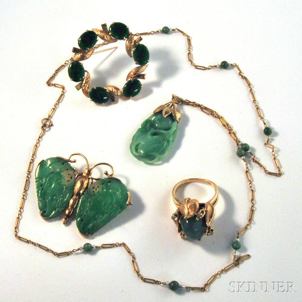 Appraisal: Small Group of Jade Jewelry a kt gold and carved