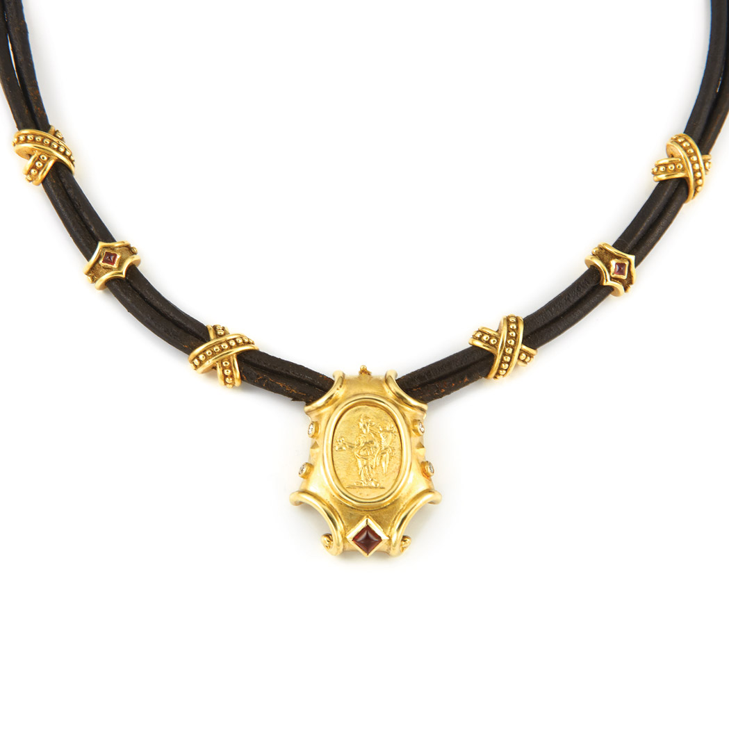 Appraisal: Gold Cabochon Garnet and Diamond Pendant with Leather Cord Ap