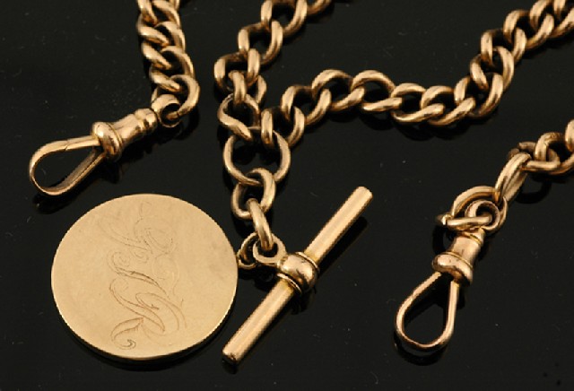 Appraisal: CT GOLD WATCH CHAIN WITH T- BAR AND MEDALLION WEIGHING