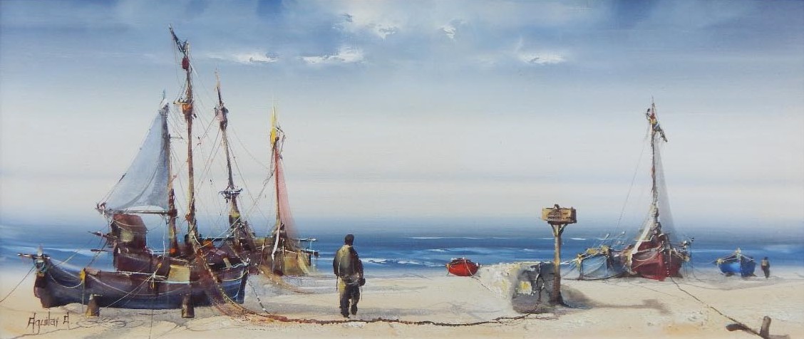 Appraisal: Jorge Anguilar-Agon b Fishing boats on shore oil on canvas