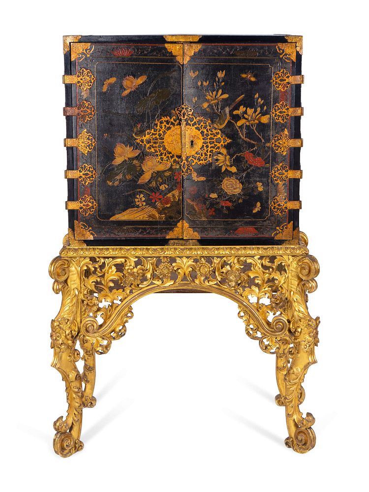 Appraisal: A Chinese Brass-Mounted Gilt-Decorated Black Lacquer Cabinet on Later Giltwood