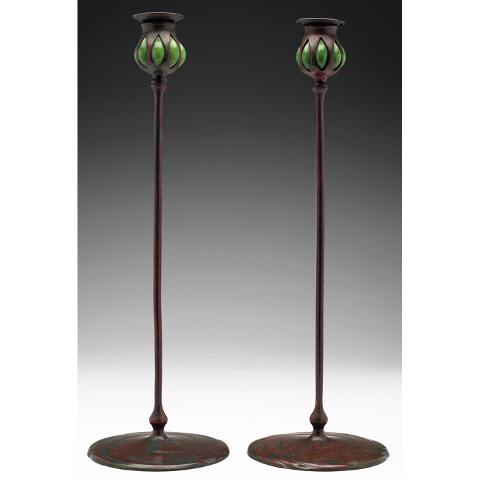 Appraisal: Tiffany Studios candlesticks pair large forms in bronze with blown-out