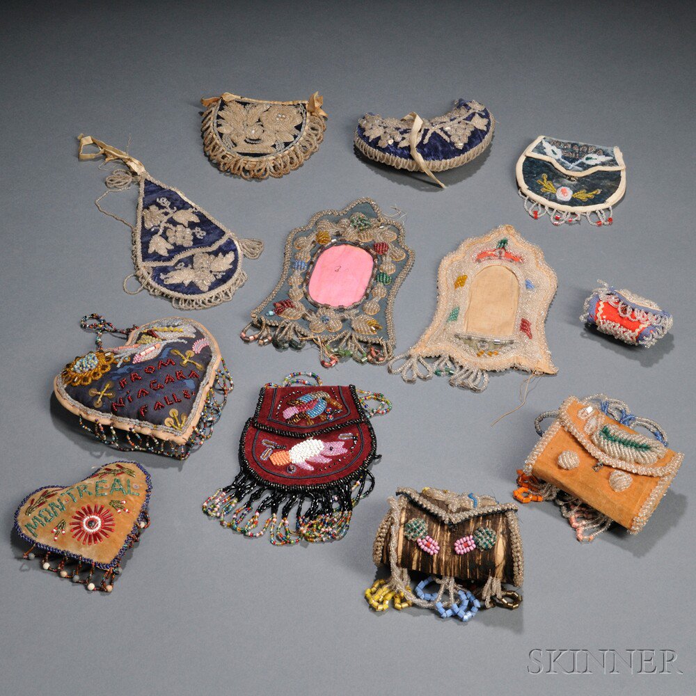 Appraisal: Twelve Northeast Beaded Cloth Items includes pouches picture frames pincushions