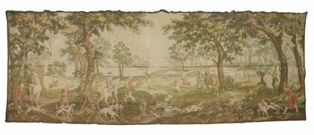 Appraisal: Large French cotton jacquard tapestry with hunting scene approx h