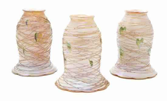 Appraisal: A Set of Three Quezal Iridescent Glass Shades each of