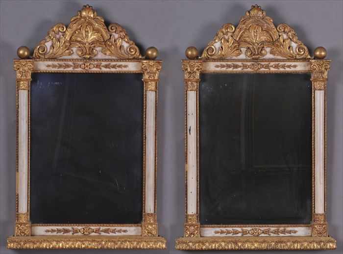 Appraisal: PAIR OF SWEDISH NEOCLASSICAL-STYLE CARVED PAINTED AND PARCEL-GILT WALL MIRRORS