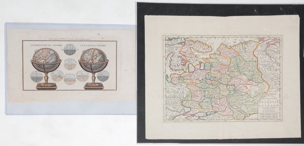 Appraisal: EUROPEAN MAP AND GLOBE PRINT Eighteenth century hand colored engraving