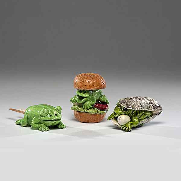 Appraisal: David Gilhooly USA Frog Hamburger Frog Oyster FrogsicleWhiteware frog hamburger