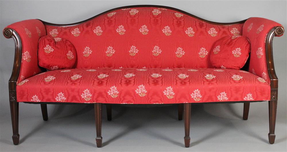 Appraisal: TRANSITIONAL CHIPPENDALE-HEPPLEWHITE CAMELBACK SOFA upholstered in red moire with floral