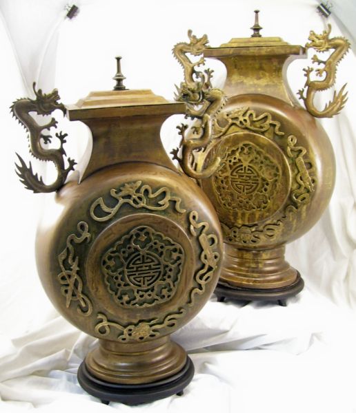 Appraisal: Pair Brass Oriental Lidded Urns Pair of brass Oriental decorative