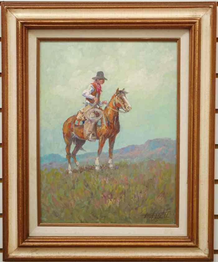 Appraisal: FRED OLDFIELD OIL MASONITE Washington Born Solitary cowboy on horseback