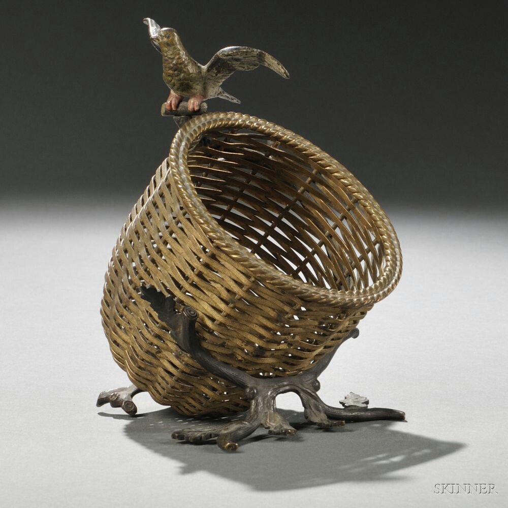 Appraisal: Austrian Cold-painted Bronze Basket with Bird late th century the