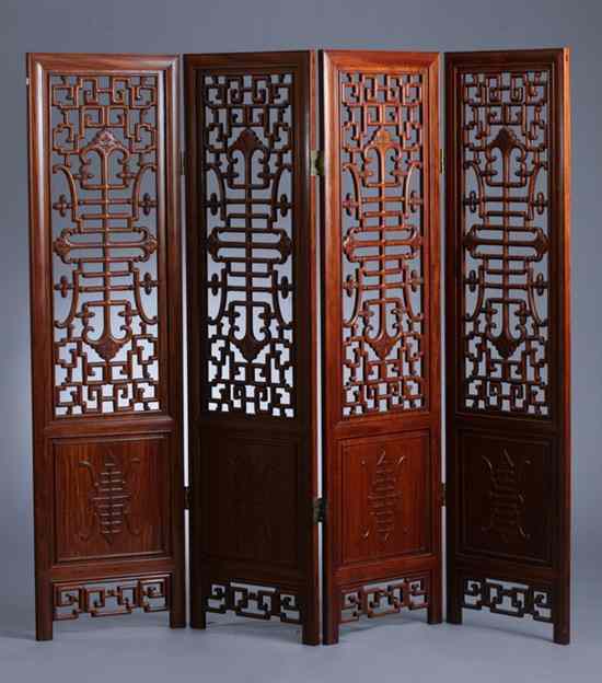 Appraisal: CHINESE WOOD OPENWORK FOUR FOLD SCREEN - Each panel in