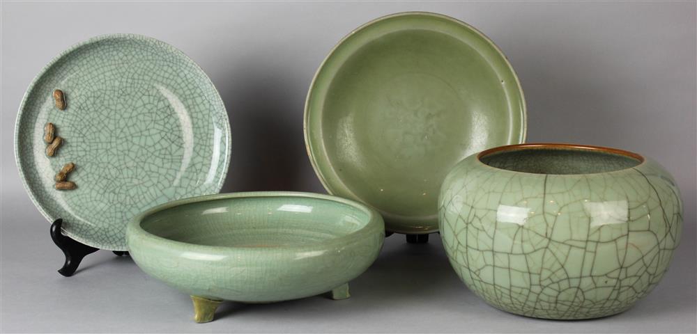 Appraisal: GROUP OF CHINESE CELADON PORCELAINS including a crackle-glazed alms bowl