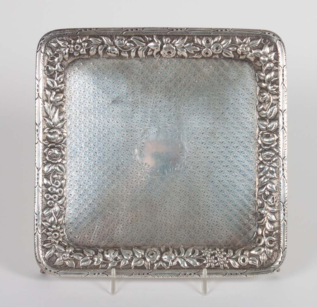 Appraisal: Warner engraved repousse silver square tray Baltimore circa with diaper-engraved