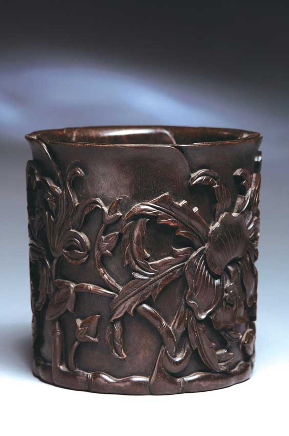 Appraisal: CARVED ZITAN BRUSHPOT Well carved and very heavy Chinese zitan