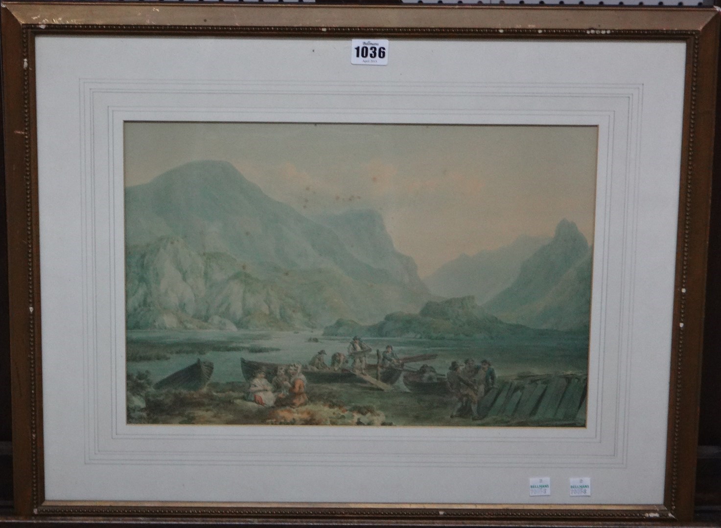 Appraisal: Nicholas Pocock - Figures unloading a boat in a mountainous