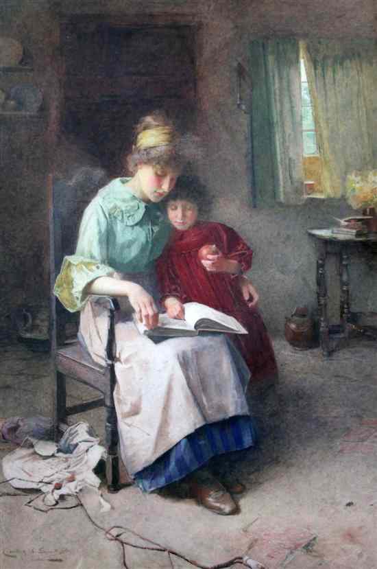 Appraisal: Carlton Alfred Smith - watercolour Mother and child reading a