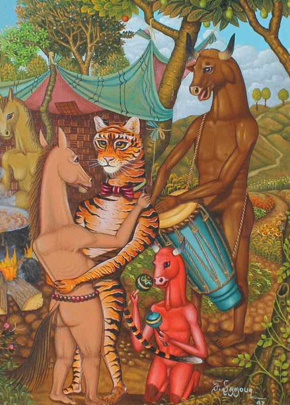 Appraisal: LAMOUR Fritzner Haitian th C Animal Party with Tiger and