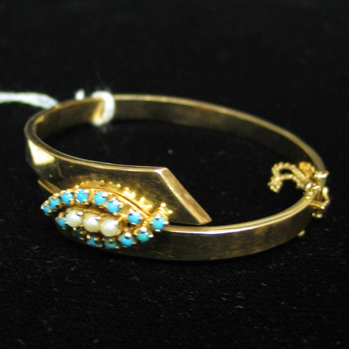 Appraisal: GOLD BANGLE WITH TURQUOISE CABOCHONS AND PEARL K yellow gold