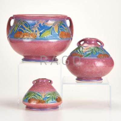 Appraisal: ROSEVILLE Three Pink Baneda jardiniere and two bulbous vases One