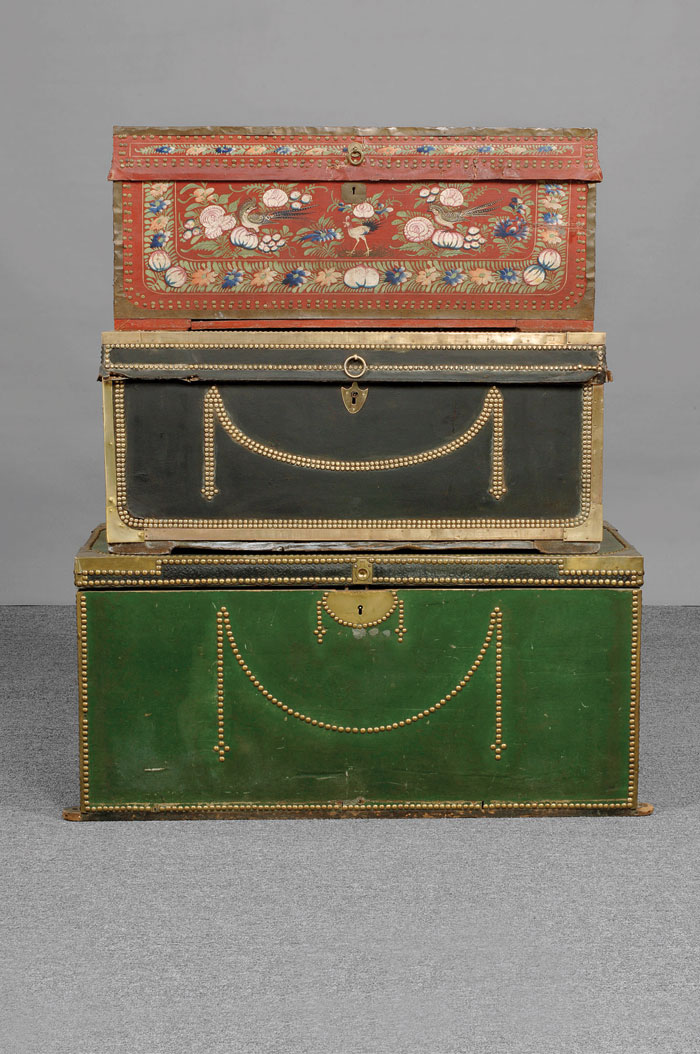 Appraisal: CHINA TRADE CAMPHORWOOD BRASS-BOUND BLACK LEATHER COVERED TRUNK With drape-and-swag