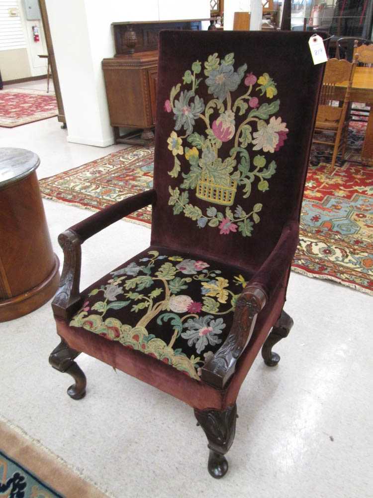 Appraisal: QUEEN ANNE STYLE CREWELWORK ARMCHAIR American c s the burgundy