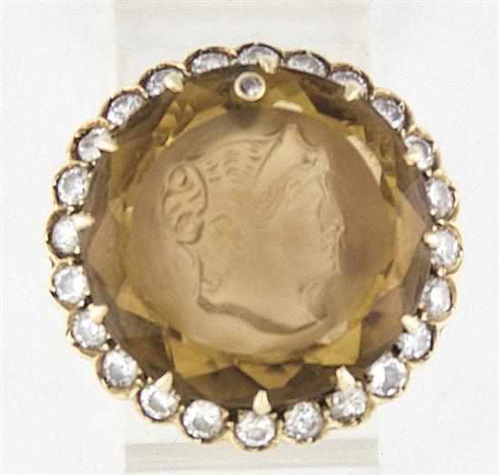 Appraisal: Topaz cameo and diamond ring round carved topaz cameo encircled