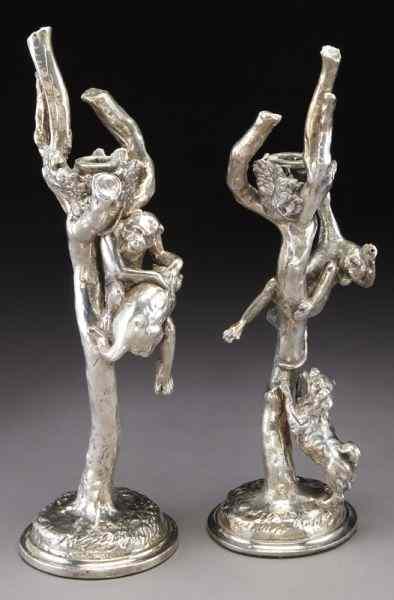 Appraisal: Pr Silver plated figural candlesticksmodeled as monkeys in a tree