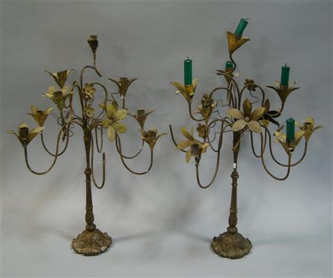 Appraisal: PAIR FLORAL RUSTIC CANDELABRA Of iron and painted with a