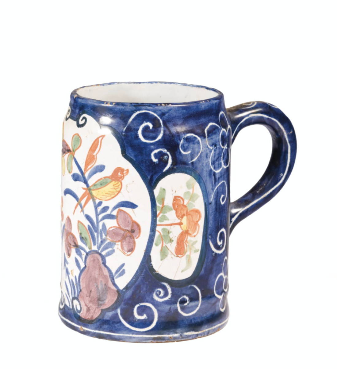 Appraisal: DUTCH DELFT MUG WITH BLUE GROUND AND BIRD AND FLORAL