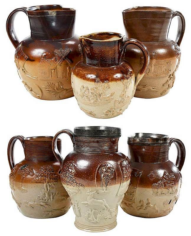 Appraisal: Six Sprig Decorated Stoneware Tavern Pitchers British th th century