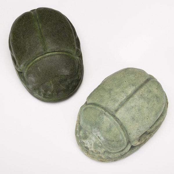 Appraisal: GRUEBY Two large scarab paperweights one covered in matte green