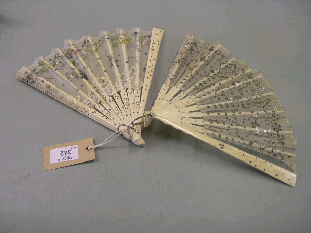 Appraisal: Two Japanese fans each with engraved bone guards