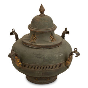 Appraisal: An Empire Style Tole Peint and Iron Brazier with Flame