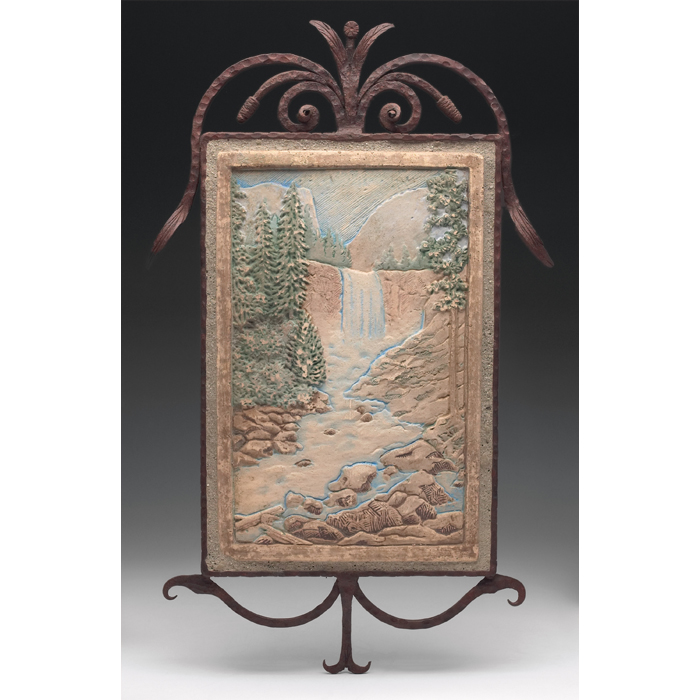 Appraisal: Claycraft tile detailed landscape scene featuring a waterfall framed in