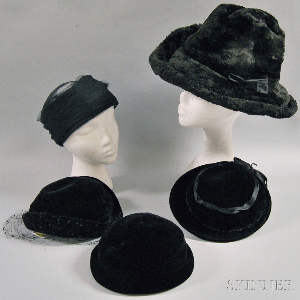 Appraisal: Five Black Lady's Vintage Hats America and France first half