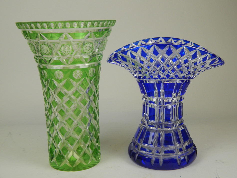 Appraisal: Two similar Bohemian style cut glass vases one green flash