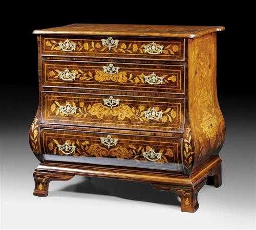 Appraisal: CHEST OF DRAWERS WITH MARQUETRY OF FLOWERS AND BIRDS late