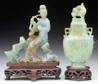 Appraisal: CARVED JADEITE WOMAN AND COVERED VASE Early th century China