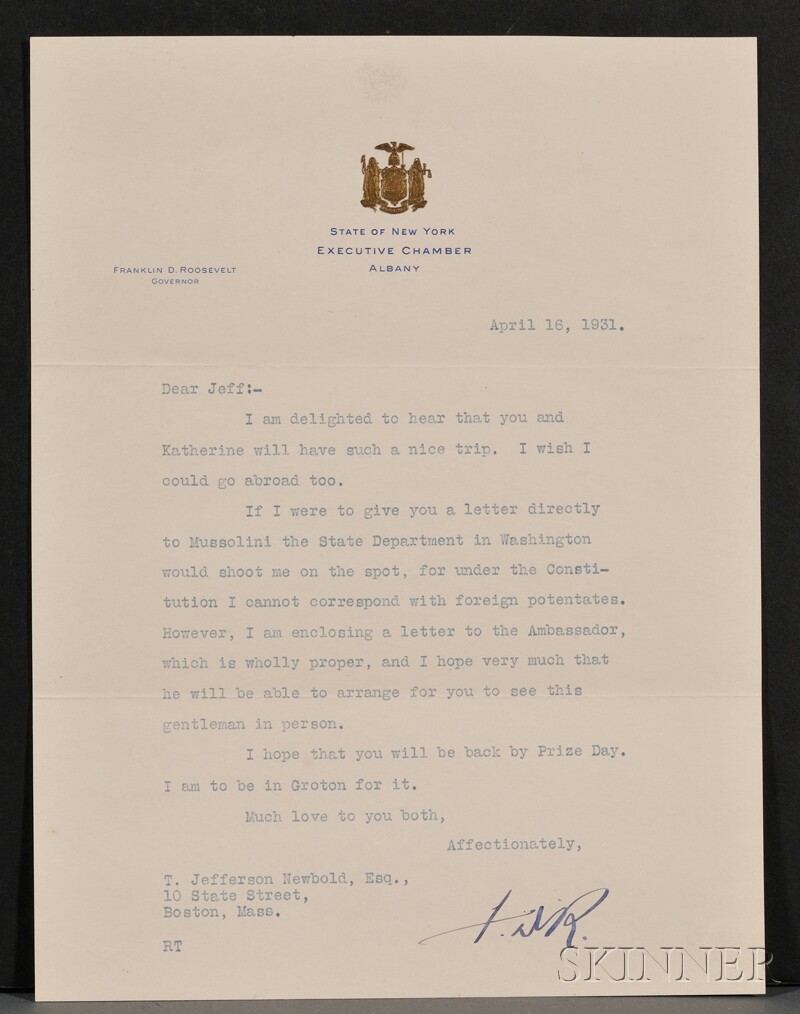 Appraisal: Roosevelt Franklin D - Signed letter with initial one page