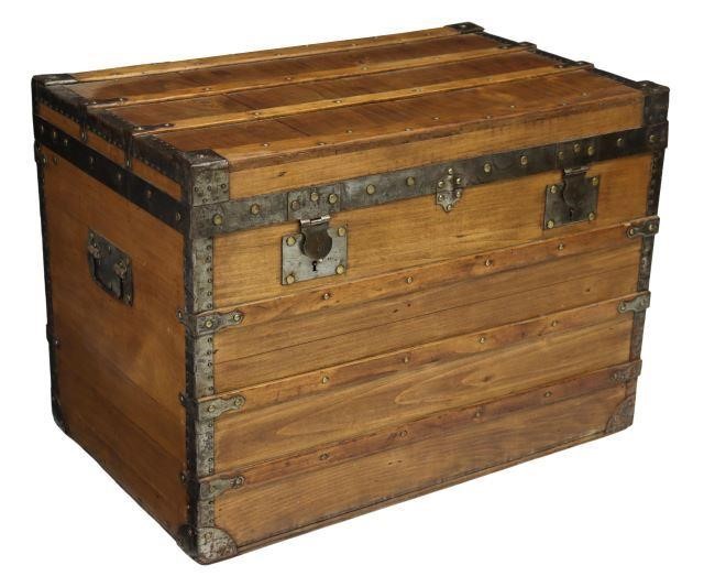 Appraisal: French wood travel trunk late th c bound with slatted