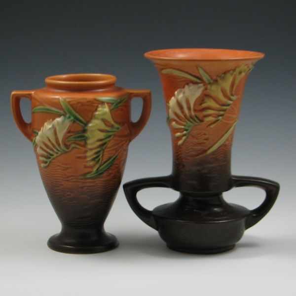 Appraisal: Two Roseville Freesia Handled Vases left marked Roseville USA -