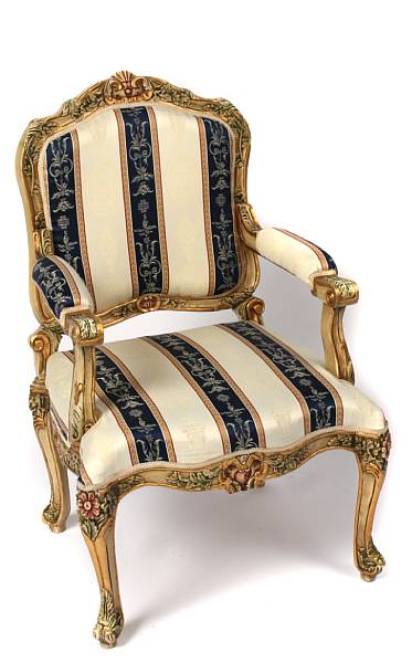 Appraisal: An Italian Rococo paint decorated and gilt decorated armchair height