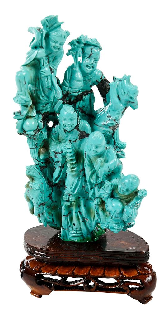 Appraisal: Turquoise Figural Group of Immortals carved figure bluish-green with brown