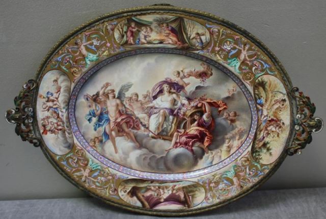 Appraisal: Bronze Mounted Sided Enameled DecoratedFooted Tray Beautifully decorated on the